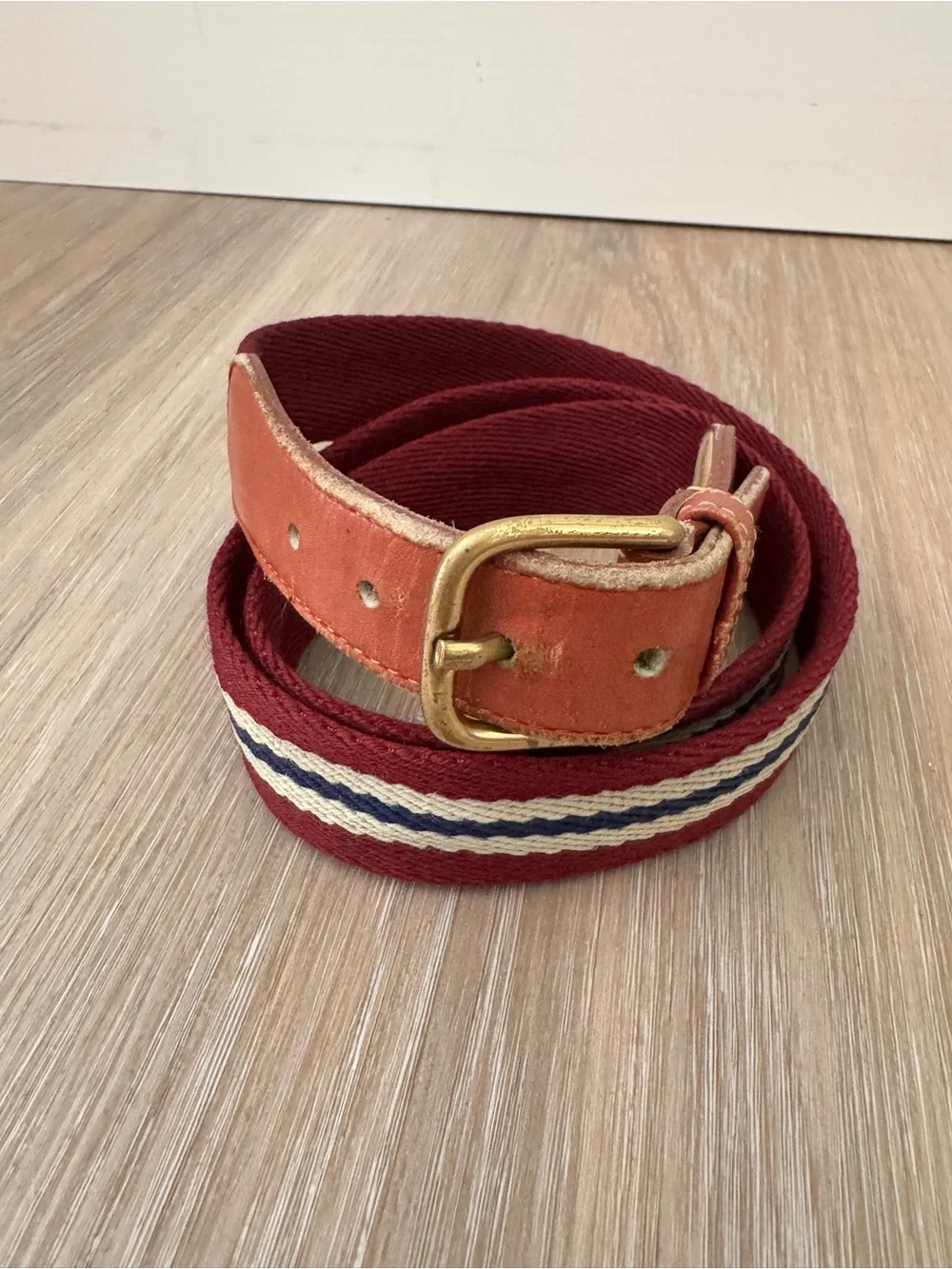 Striped Webbed Canvas Leather Belt Solid Brass Buckle Size 38 Preppy